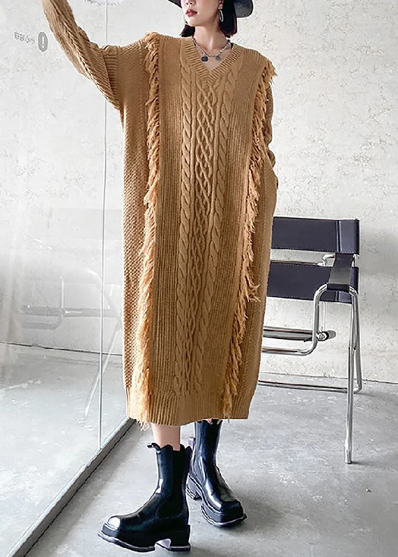 Mustard yellow women's sweaterArt Khaki V Neck Cozy Thick Knit Long Sweaters Dress Winter