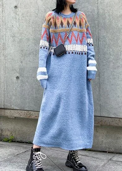 Party women's sweaterSimple Geometric Sweater winter dresses Classy blue o neck Fuzzy knit dresses
