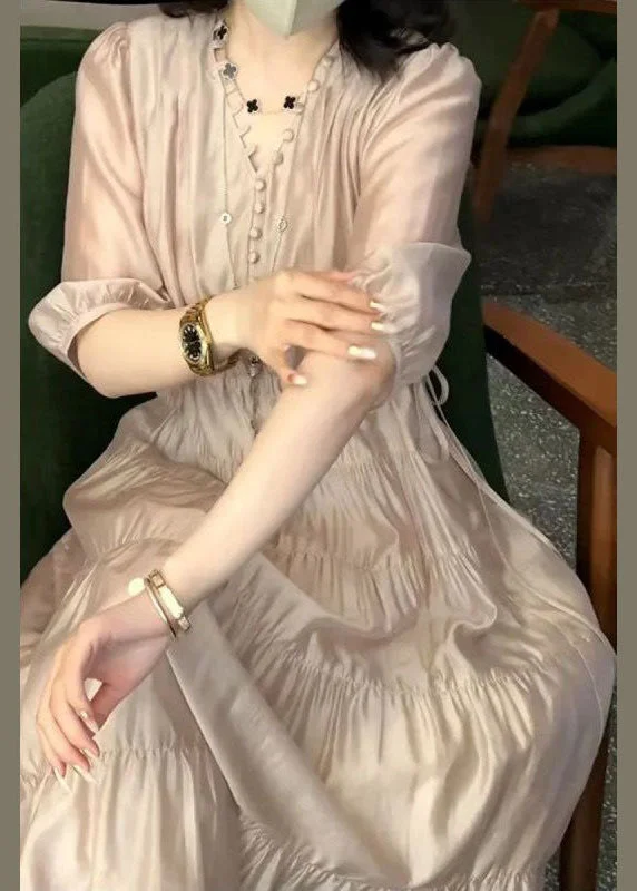 Designer dresses for high-end fashionOrganic Pink V Neck Wrinkled Patchwork Silk Holiday Dresses Summer