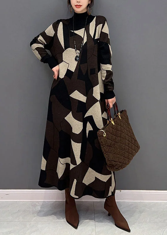 Plus-size women's sweaterFashion Chocolate Hign Neck Geometric Print Knit Sweater Dress Winter