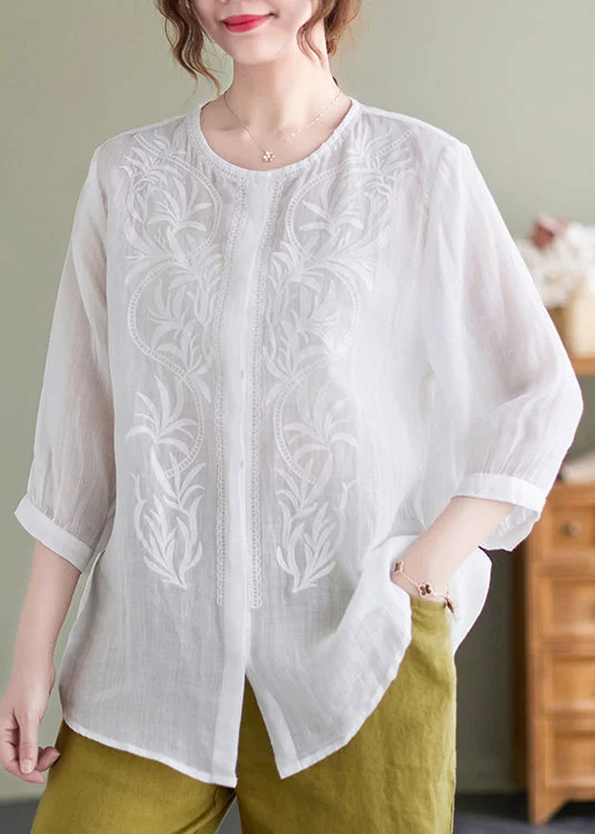 Athletic women's topsCasual White Embroideried Oversized Linen Shirt Summer