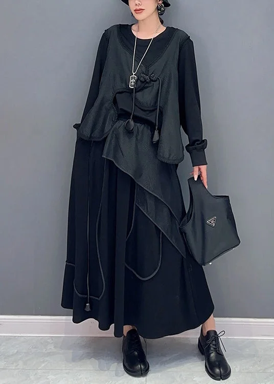 Patterned dresses for womenFrench Black Asymmetrical Pockets Patchwork Cotton Two Pieces Set Fall