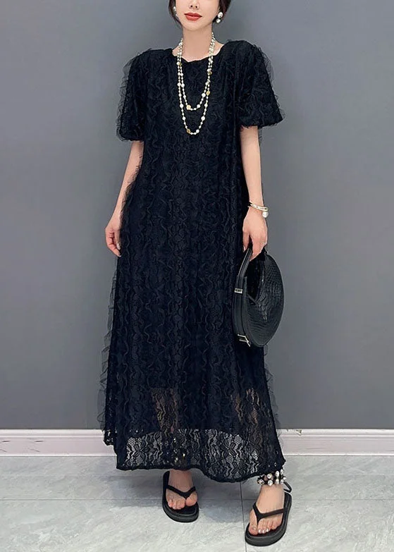 Velvet dresses for winterBoutique Black O-Neck Ruffled Patchwork Long Lace Dress Summer