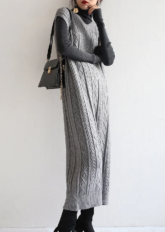 Layering women's sweaterModern Grey V Neck Cable Long Knit Waistcoat Sweaters Dress Fall