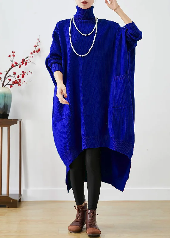 Gym women's sweaterBlue Oversized Knit Sweater Dress Turtle Neck Asymmetrical Batwing Sleeve