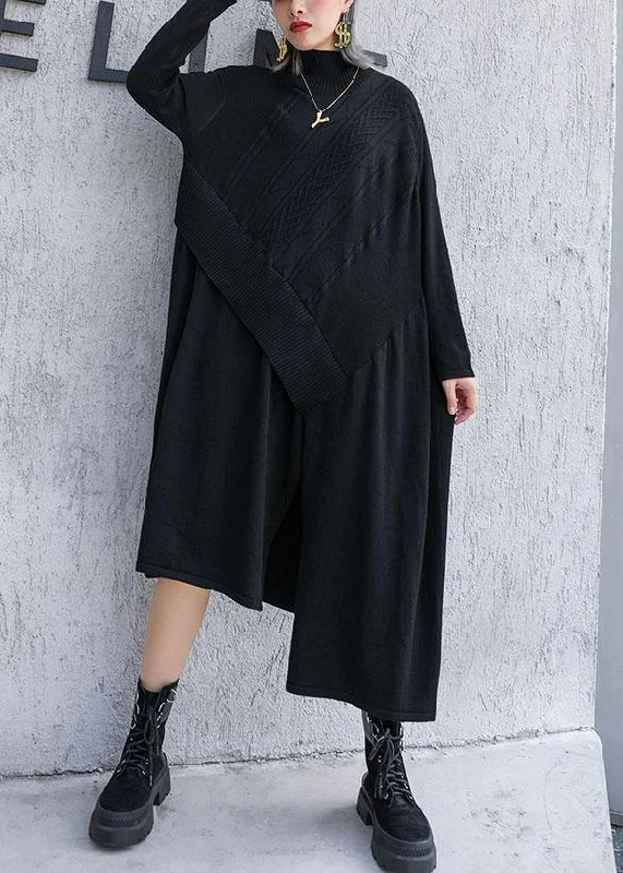 Winter women's sweateraCute black Sweater dress outfit plus size side open asymmetric oversized fall knit top