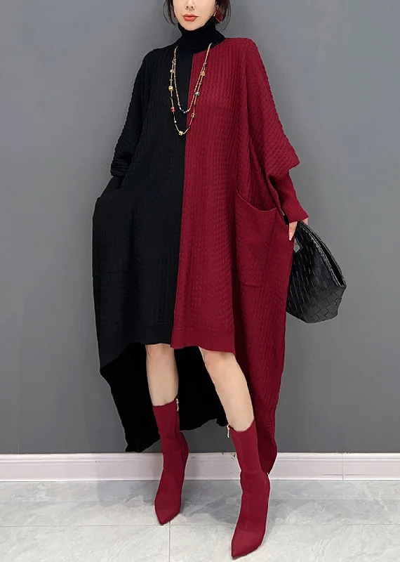 Midi dresses for womenWomen Red Black Hign Neck Asymmetrical Patchwork Knit Dresses Batwing Sleeve