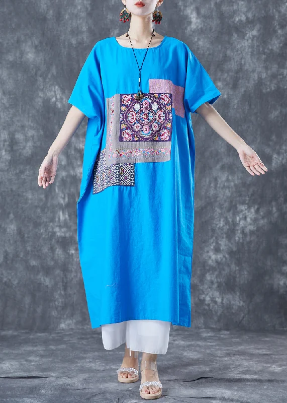 Godet dresses for womenBlue Patchwork Cotton Vacation Dresses Embroideried Applique Summer
