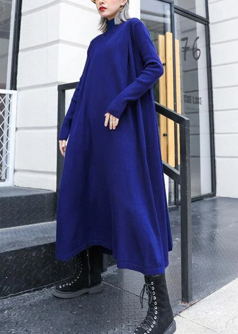 Cable-knit women's sweaterSimple blue Sweater dress outfit Street Style high neck pockets Ugly knit dresses
