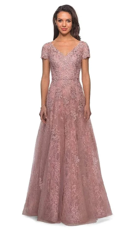 women's suit sets with cinched waistsLa Femme - 28028 Lace Inset Embroidered A-line Gown