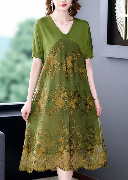 Tall women's dressesOrganic Green V Neck Embroideried Patchwork Tulle Dress Summer