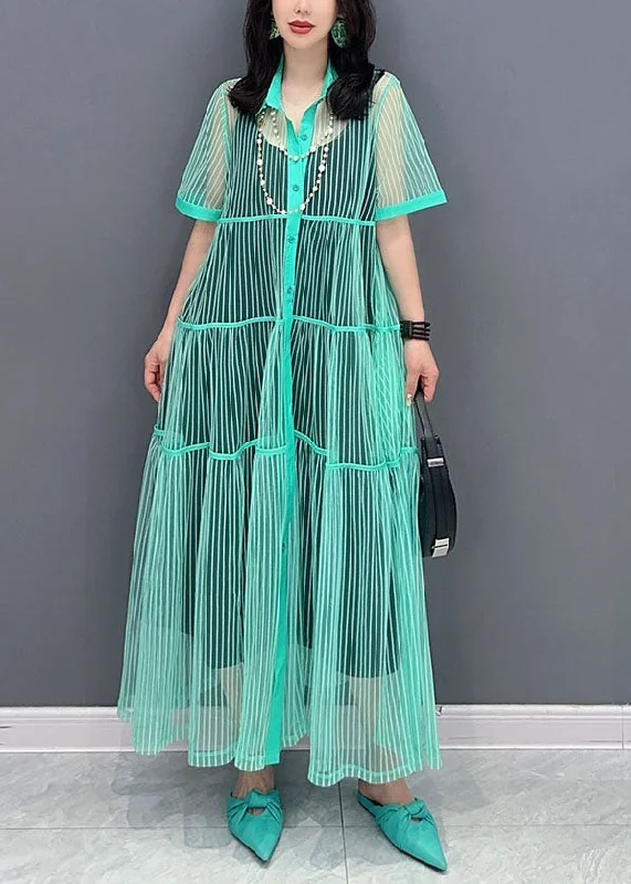 Cocktail dresses for womenLight Green Patchwork Tulle Shirts Dress Peter Pan Collar Wrinkled Summer