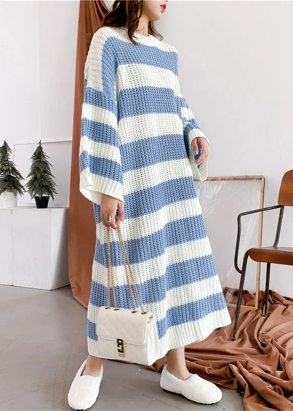 Color-block women's sweaterLoose Blue O Neck Striped Knit Sweater Dress Spring
