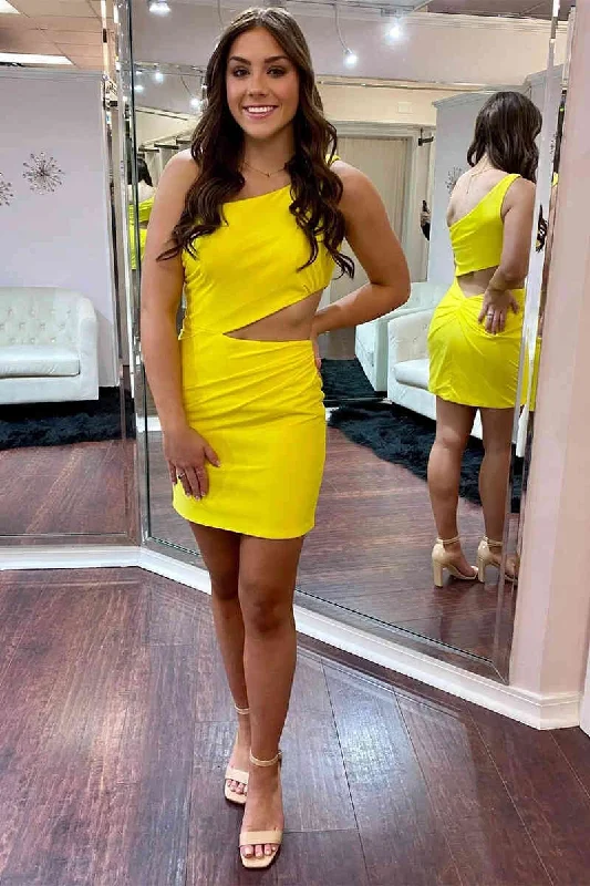 Limited edition dresses for collectorsOne Shoulder Yellow Side Cutout Mini Dress