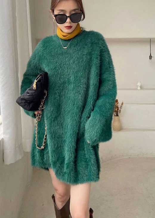 Chenille women's sweaterGreen cozy Mink Hair Knitted Sweater Dress V Neck Winter