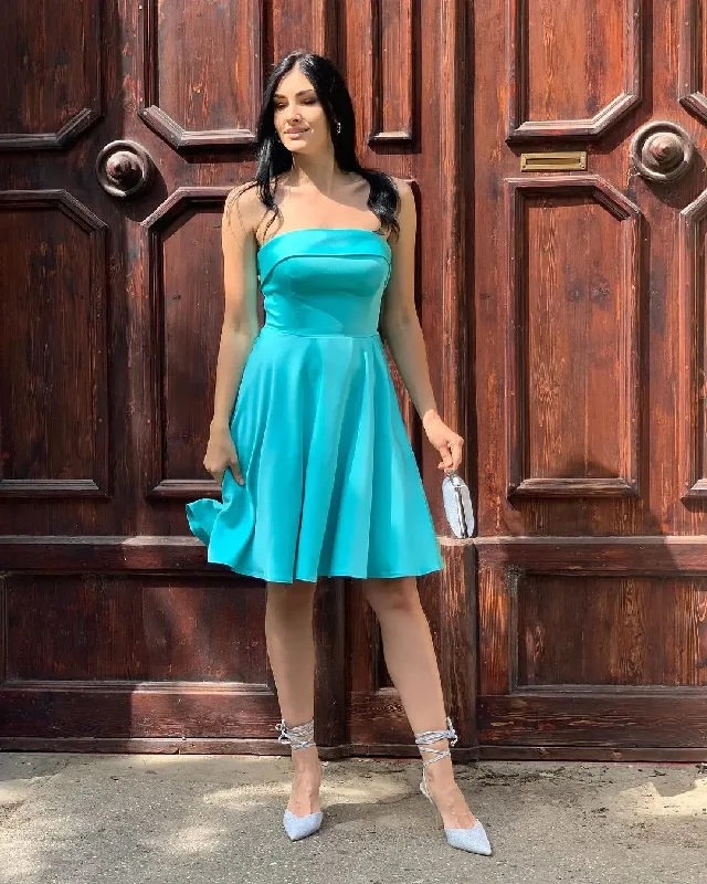 Bell sleeve dresses for womenSimple Satin Strapless A-line Evening Dresses Lake Blue Backless Sleeveless Party Dress Elegant Summer Fashion Mini Prom Gowns