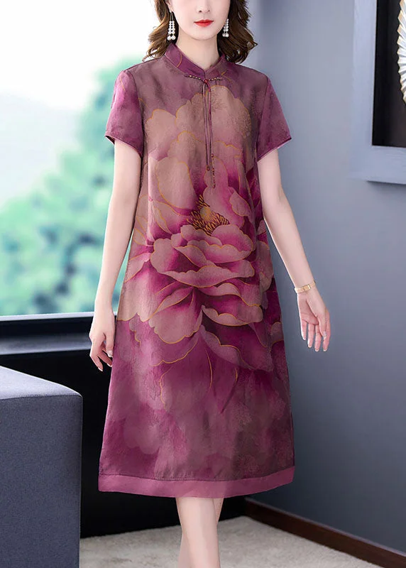Autumn dresses for fall fashionRetro Purple Tasseled Print Patchwork Silk Dresses Summer