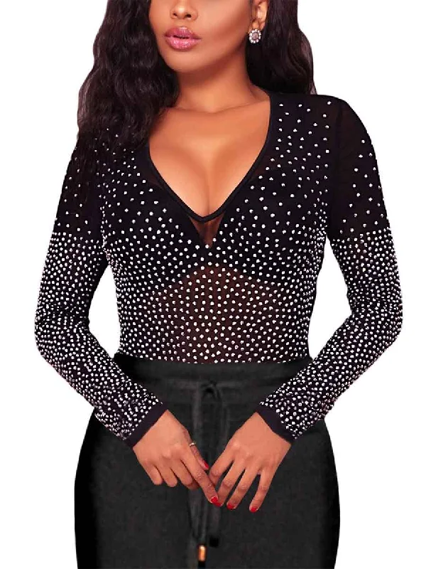 Solid color women's topsV-Neck Long-Sleeved Black Sheer Mesh Rhinestone Shirt