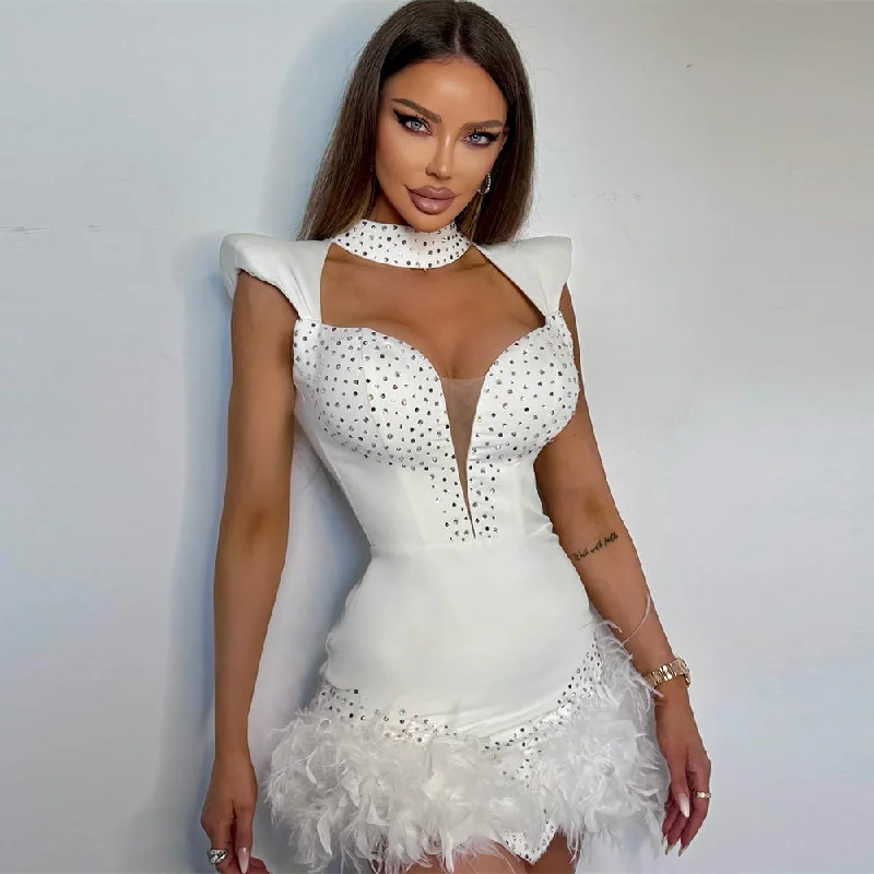 Batwing sleeve dresses for womenHigh Neck Sleeveless Feather Mini Bandage Dress HL9754
