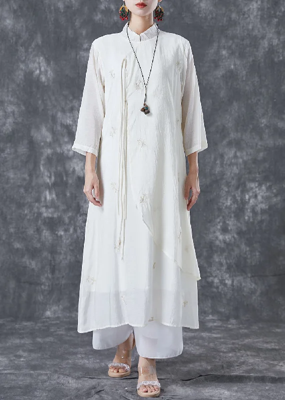 Women's casual dressesArt White Ruffled Embroideried Tassel Cotton Long Dress Summer