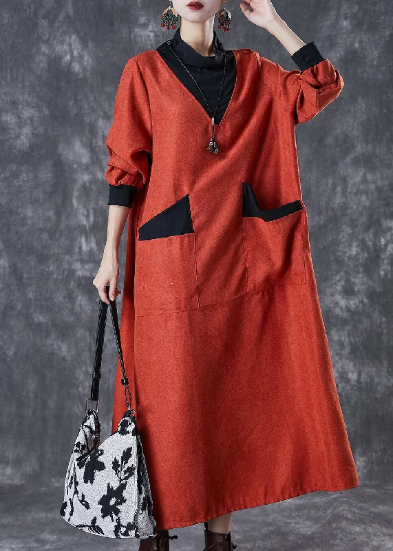 Round-neck dresses for womenDiy Orange Turtle Neck Patchwork Cotton Vacation Dresses Fall