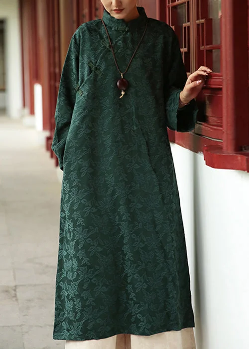 Party dresses for womenJacquard Blackish Green Stand Collar Pockets Cotton Long Dresses Fall