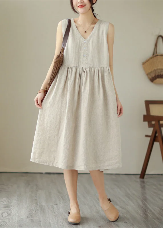 Polka dot dresses for womenBeige O-Neck Solid Cotton Long Dress Sleeveless