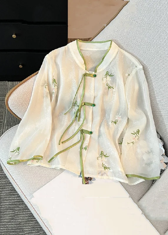 High-low hem women's topsFrench White Chinese Button Embroidered Chiffon Shirt Long Sleeve