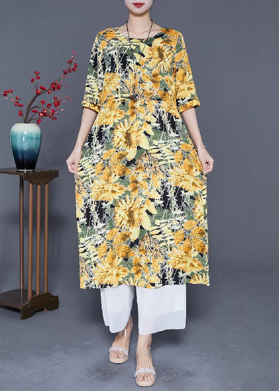 Maxi dresses for womenYellow Print Cotton Vacation Dresses Oversized Summer