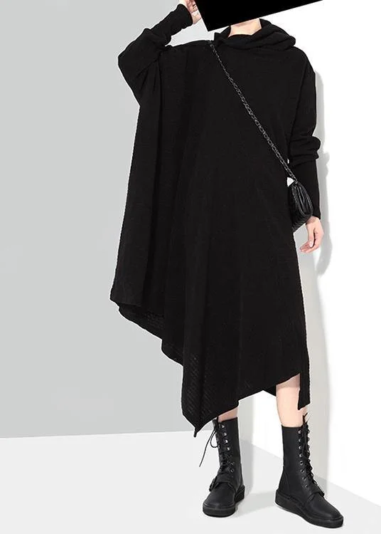 Abstract print women's sweaterSolid Black Woman Winter Asymmetric Knitted Sweater Dress