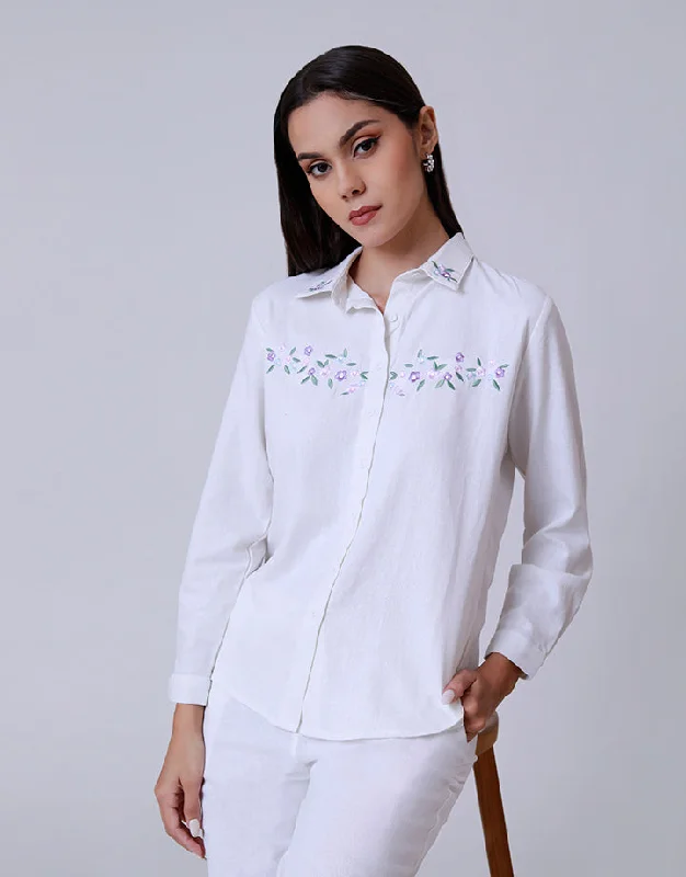 Summer women's topsWhite Linen Embroidered Shirt Blouse