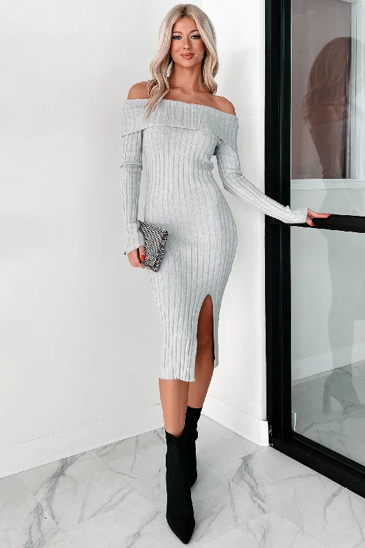 Floral print women's sweaterLeah Off The Shoulder Sweater Dress (Light Heather Grey)