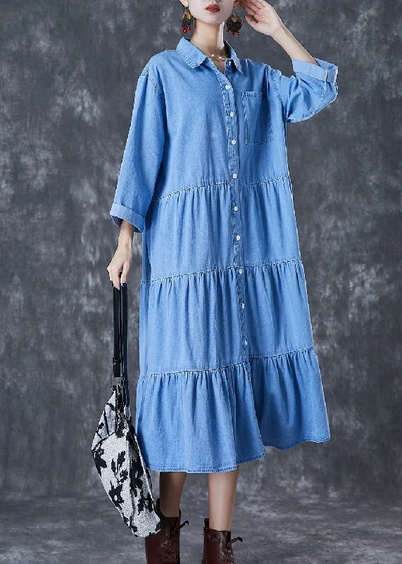 Checkered dresses for womenItalian Light Blue Oversized Patchwork Ruffles Cotton Long Dress Fall