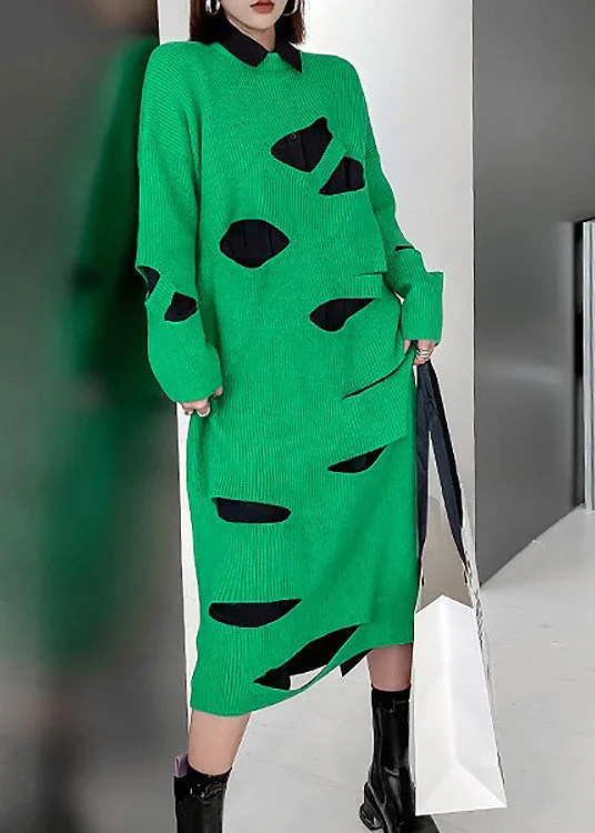 Tall women's sweaterNovelty Green O-Neck cozy Knit Sweater Dress Spring