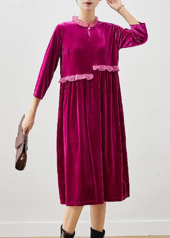 Day dresses for everyday wearStyle Rose Ruffled Patchwork Silk Velour Party Dress Bracelet Sleeve