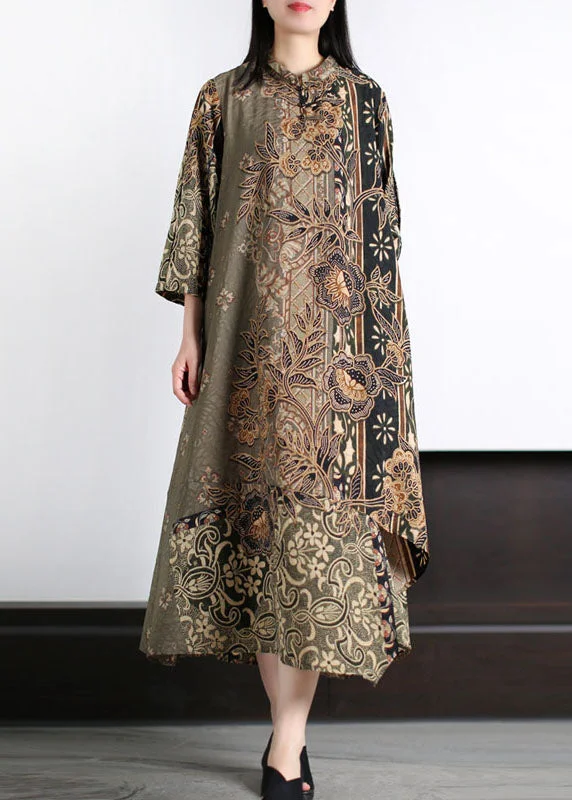Plus-size dresses for womenBoutique Green Stand Collar Print Patchwork Silk Long Dress Bracelet Sleeve