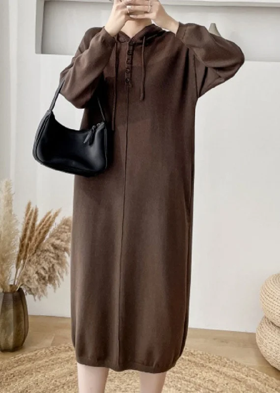 Racerback women's sweaterLoose Chocolate Hooded thick Knit Sweater Dress Winter