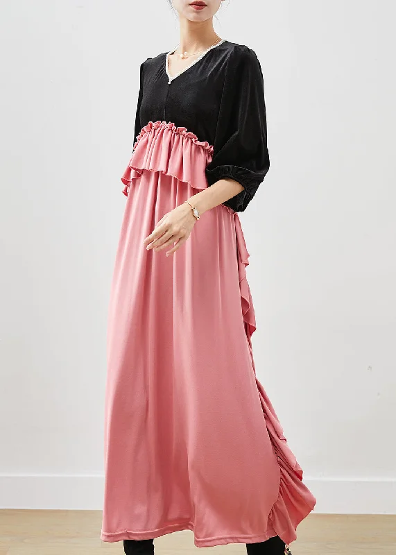 Backless dresses for womenChic Colorblock Ruffled Patchwork Silk Velour Long Dress Fall