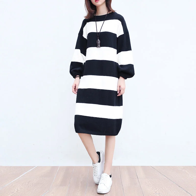 Peter Pan collar women's sweaterwhite black striped woolen cozy sweater dresses plus size casual women knit shift dress