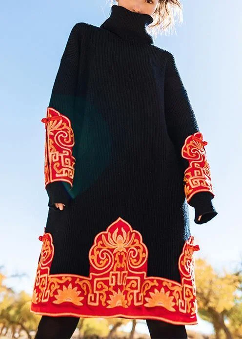 Athleisure women's sweaterKnitted black Sweater Wardrobes Vintage embroidery oversized high neck knit dress