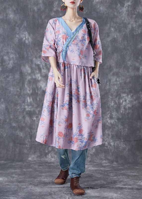 Bohemian women's dressesNatural Pink V Neck Patchwork Print Linen Robe Dresses Summer