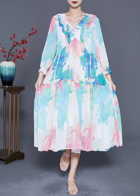 Polka dot dresses for womenChic Blue Ruffled Patchwork Print Chiffon Holiday Dresses Summer