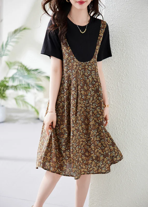 Sack dresses for womenUnique Coffee O-Neck Patchwork Chiffon Long Dress Summer