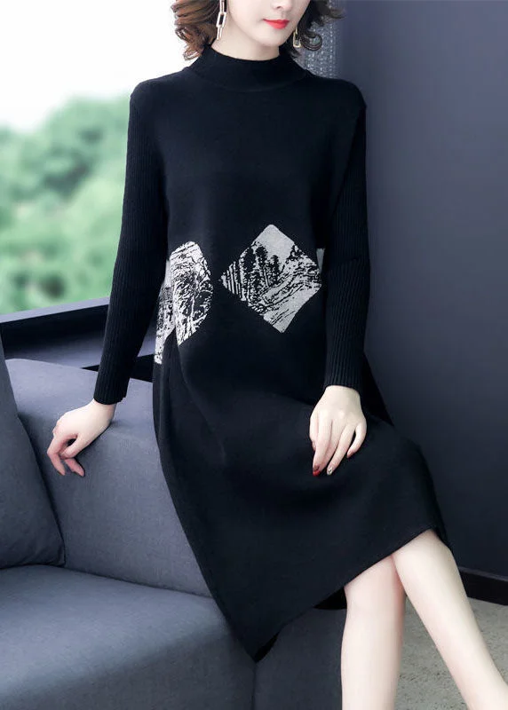 Glitter women's sweaterBlack Print Warm Cashmere Sweater Dress Stand Collar Long Sleeve