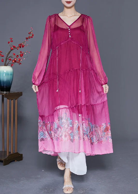 Cocktail dresses for womenStyle Rose V Neck Drawstring Patchwork Print Chiffon Beach Dress Summer