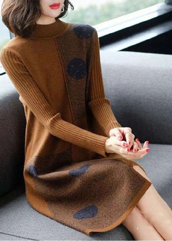Pastel women's sweaterFashion Chocolate High Neck Asymmetrical Design Knit Sweater Dress Long Sleeve