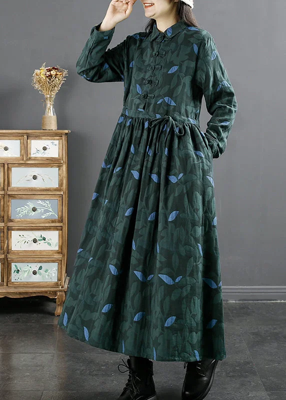 Women's casual dressesRetro Green Peter Pan Collar Print Drawstring Cotton Long Dress Fall