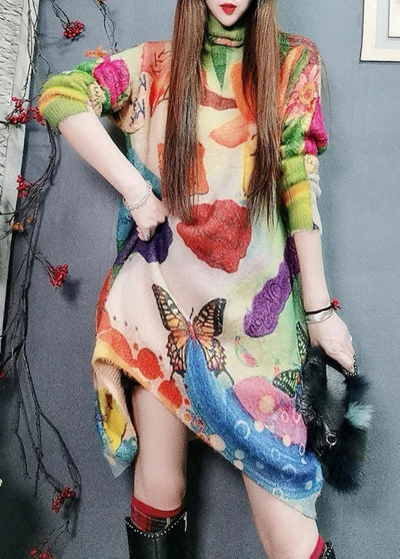 Leather-look women's sweaterUnique asymmetrical design Print Knit dress Sweater Winter