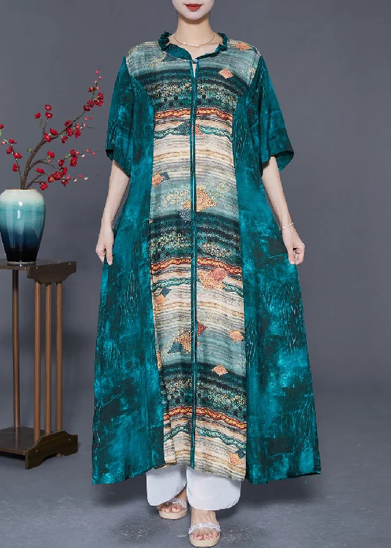 Embroidered dresses for womenWomen Peacock Green Ruffled Patchwork Print Silk Dresses Summer