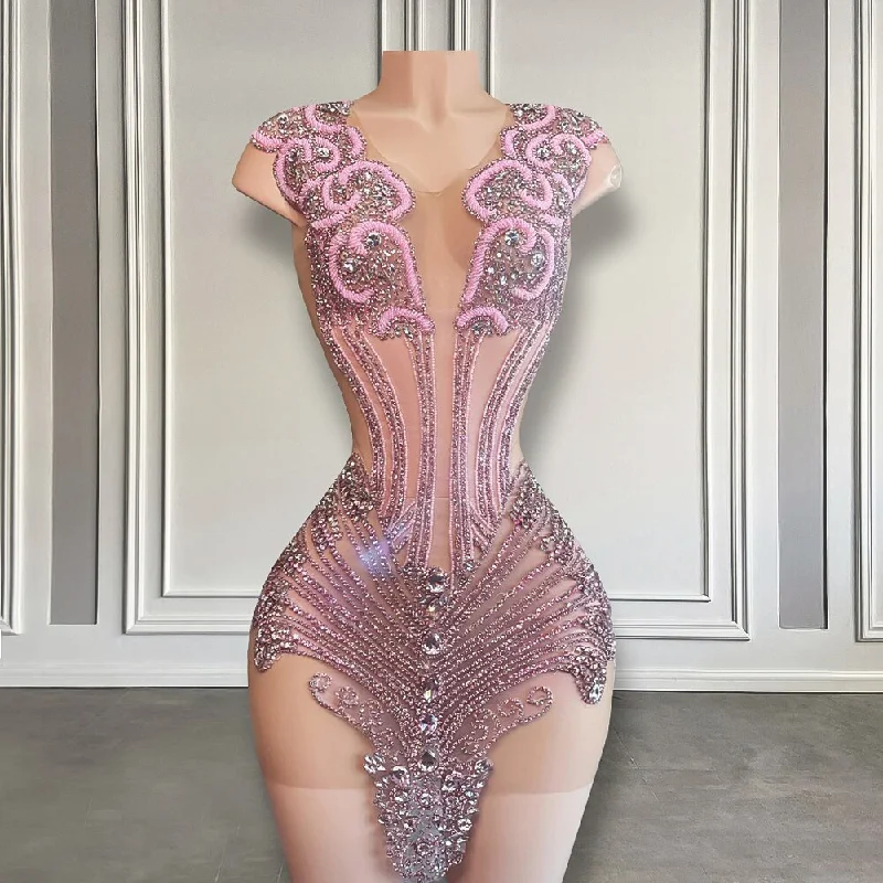 Bridal dresses for womenStunning Sexy See Through Black Girl Cocktail Formal Party Gowns Pink Diamond Crystals Women Mini Short Prom Dresses